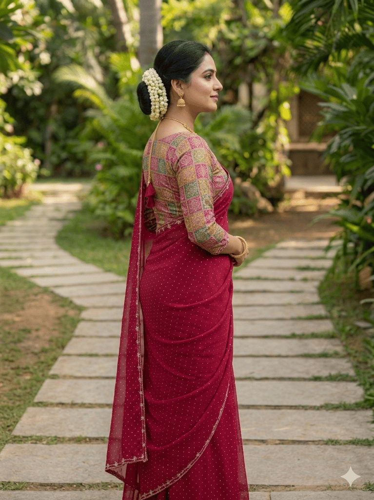 Women's Maroon Georgette Saree with Multicolored Geometric Blouse