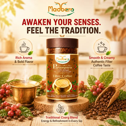 Madbero Parampara Premium Filter Coffee Powder | Rich Aroma and Authentic South Indian Coffee from Coorg (Kodagu) | Blend of 80% coffee & 20% Chocory | 150g