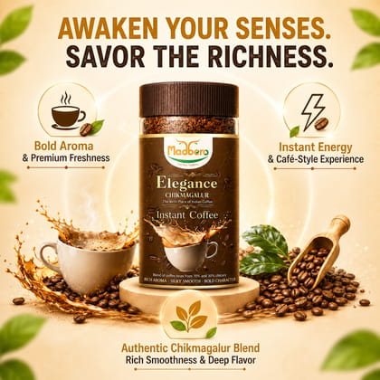 MADBERO ELEGANCE Coffee | Instant Coffee Powder | Rich Aroma of Chikmagalur | 70% Coffee & 30% Chicory | 100g