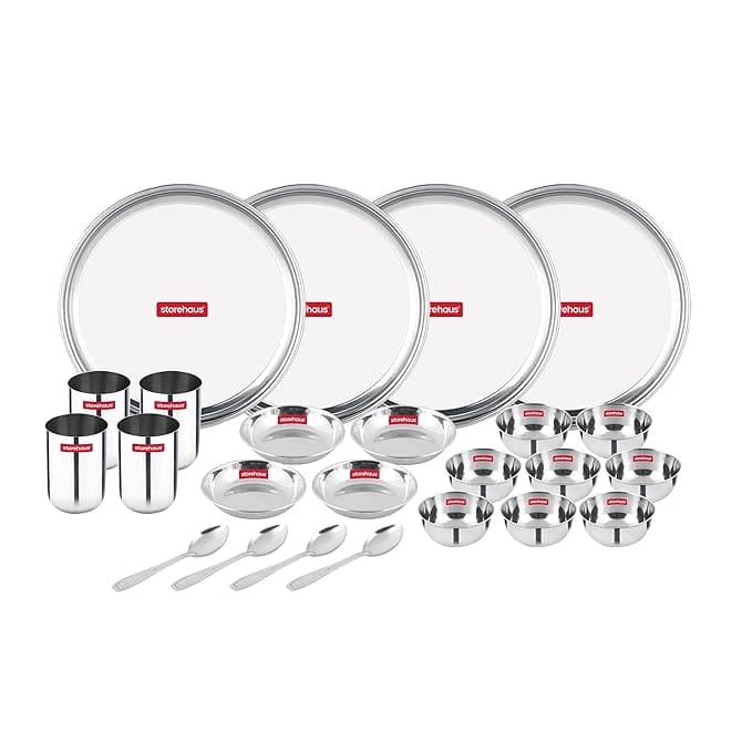 Storehaus 24 Pieces Smart Stainless Steel Dinnerware/Dinner Set - 4 Thali, 4 Halwa Plate, 8 Bowl, 4 Glass, 4 Spoon, Kitchen Set for Home & Restaurants, Family - Silver