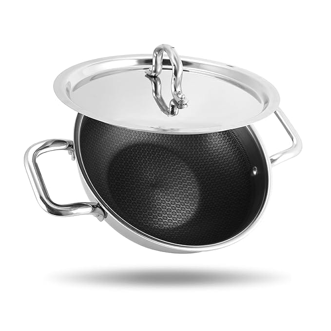 Storehaus Triply Non Stick Kadai with Lid, Stainless Steel Triply Kadhai Metal Spatula Friendly, Induction & Gas Stove Compatible, 2 L, 22 cm