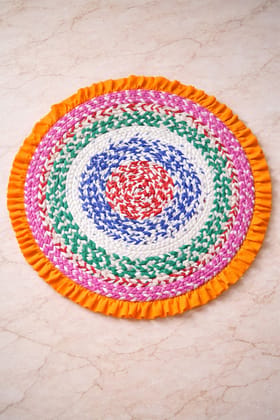Handmade Multi-Colored Round Braided Floor Mat with Orange Ruffle Border
