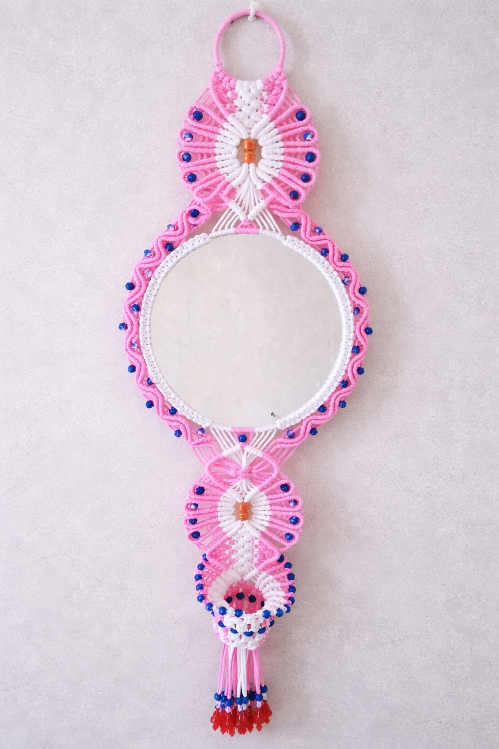 Pink and White Macrame Wall Hanging Mirror with Beads