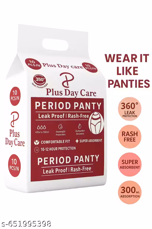 Plus Day Care Period Pant for Women | Leak Proof & Rash Free | 360° Leak Protection | Super Absorbent Disposable Period Pant | Comfortable Fit | Pack of 10