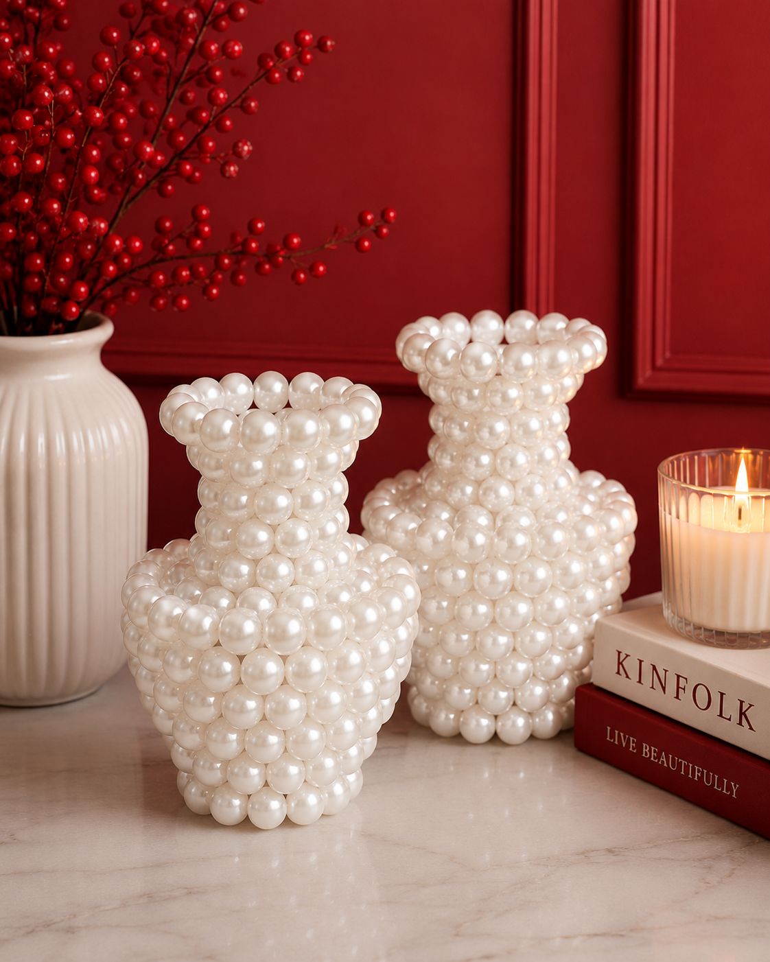 Luxury Pearl Beaded Vases, White Decorative Vases for Home Decor - Set of 2