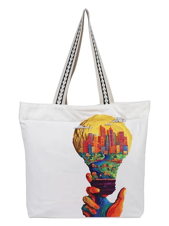 WOTM On The Move Tote | Premium Printed Cotton Canvas Tote Bag with Zipper & Inside Pocket, Stylish Everyday Travel Bag for Work, College, Office, Travel, Shopping - Handbags | Buy online on ZillyBuy