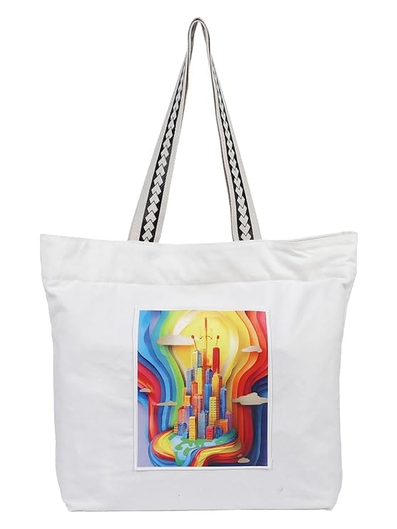 WOTM On The Move Tote | Premium Printed Cotton Canvas Tote Bag with Zipper & Inside Pocket, Stylish Everyday Travel Bag for Work, College, Office, Travel, Shopping - Handbags | Buy online on ZillyBuy