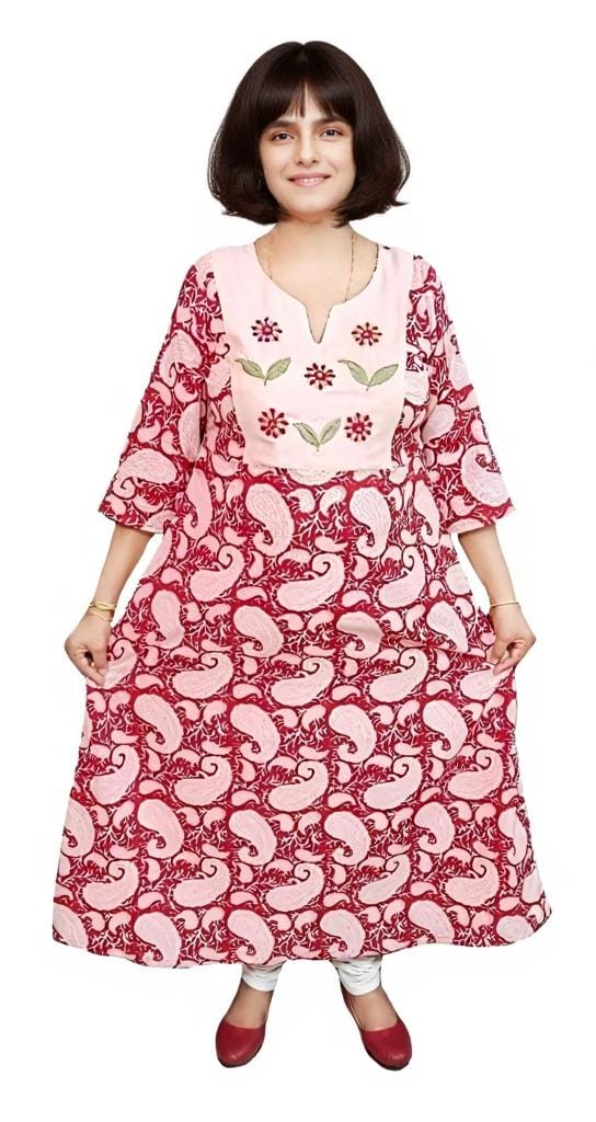Women's Cotton Screen-Printed A-line Kurta | Hand Embroidered | A-line Long Kurti | Size L |