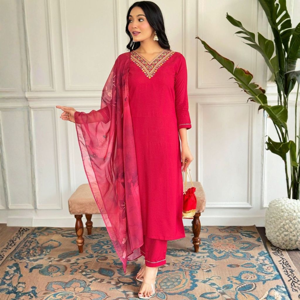 FreHee Fuchsia Pink Embroidered V-Neck Kurta Set with Digital Print Chanderi Dupatta