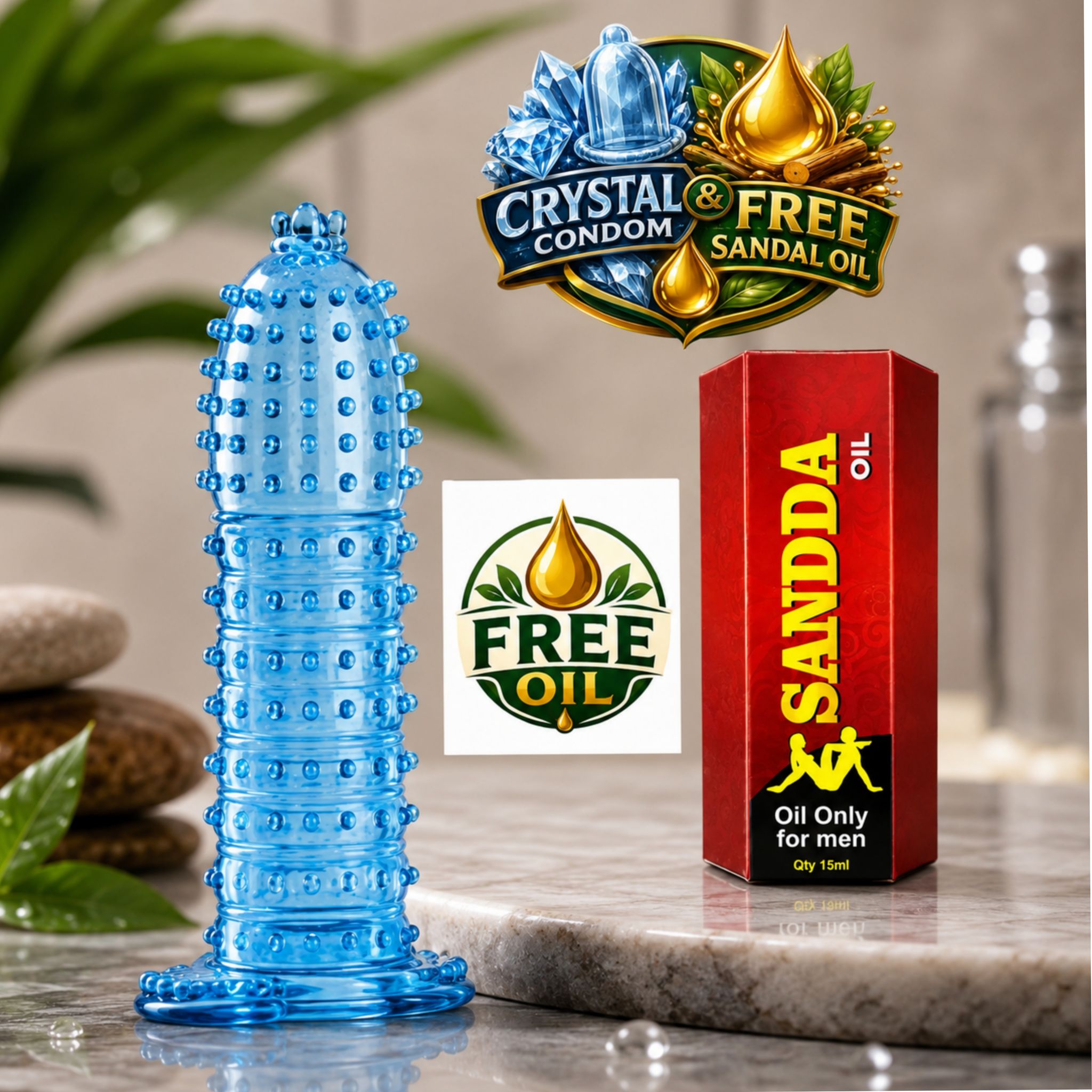 Crystal Condom Ultra Dotted Reusable Condom Free Sandal Oil 15ml Intimate Wellness Combo