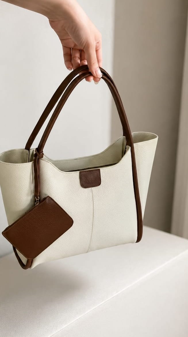 Women's Cream and Brown Textured Tote Bag with Matching Pouch