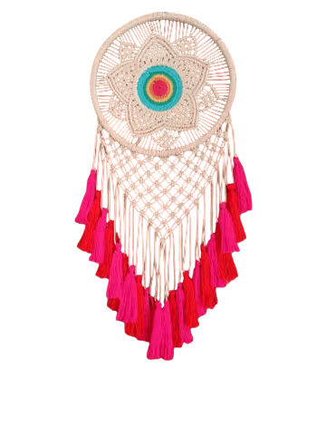Handmade Macrame Wall Hanging with Pink and Red Tassels and Floral Center