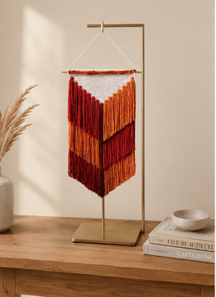 Hand-Woven Macrame Wall Hanging with Multi-Color Red and Orange Fringe