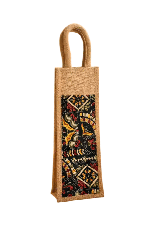 Single Bottle Jute Bag with Kalamkari Print - Handbags | Buy online on ZillyBuy