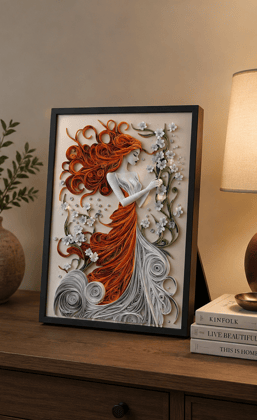 Intricate Quilling Paper Art Framed - Woman with Red Hair and Flowers