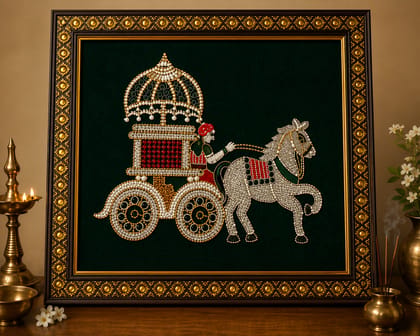 Handcrafted Thread work Art Horse Chariot Wall Hanging on Velvet with Gold Frame