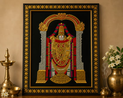 Traditional Venkateswara Swamy Gilded Tanjore Thread Work, 15x21 Inch