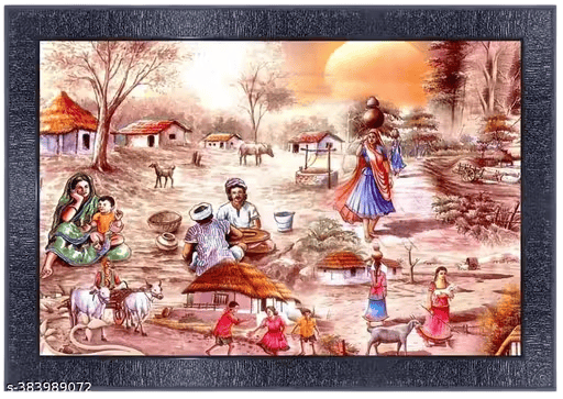 Indian Village Life Framed Painting (13x9.5 inches, Multicolor)