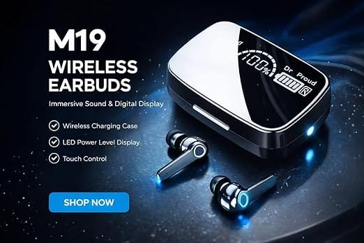 M19 True Wireless Earbuds, Bluetooth 5.1, 9D HiFi Sound, Intelligent Noise Reduction, IPX7 Waterproof, LED Display Charging Case