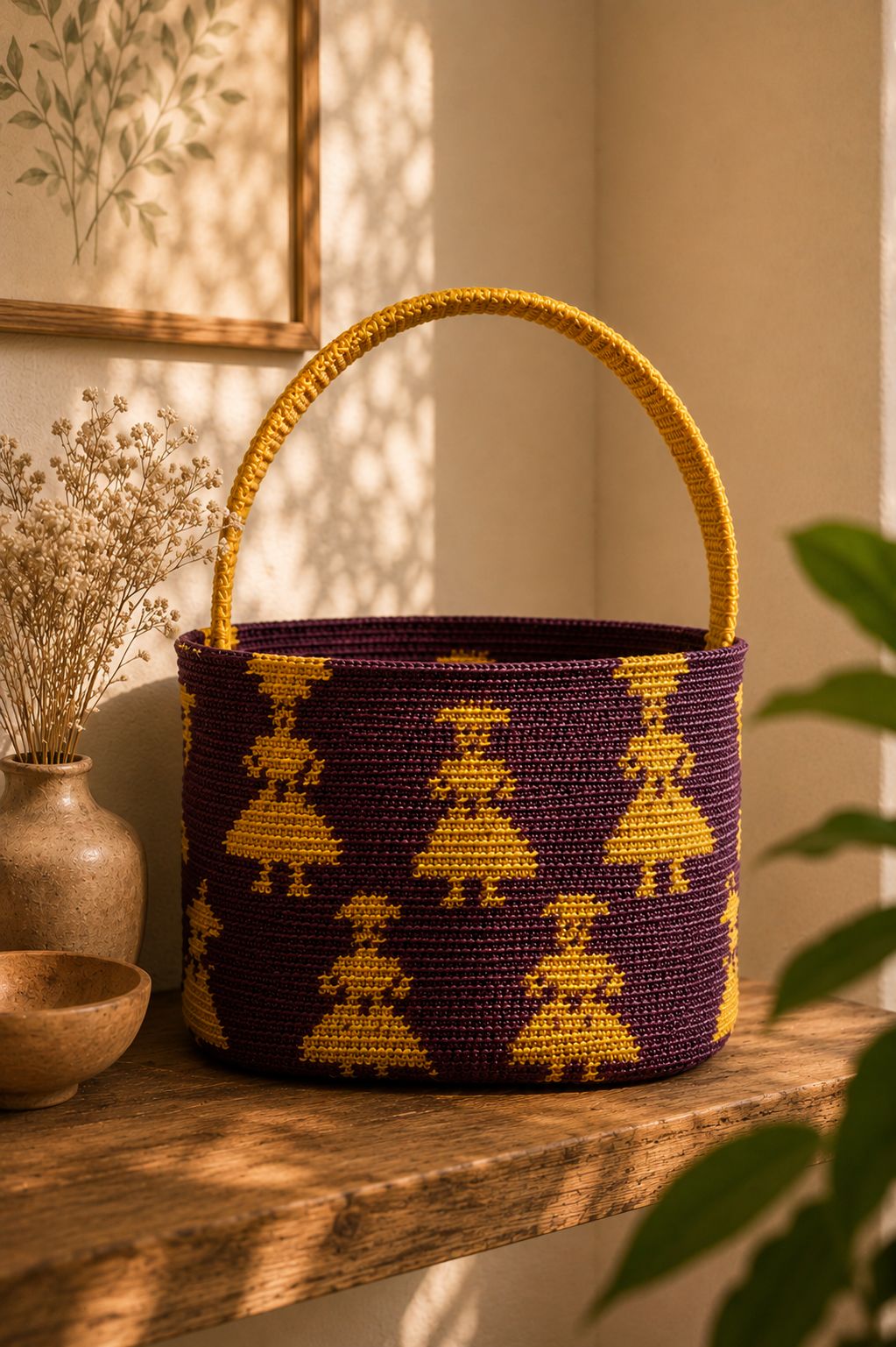 Hand-Woven Purple and Yellow Doll Motif Basket