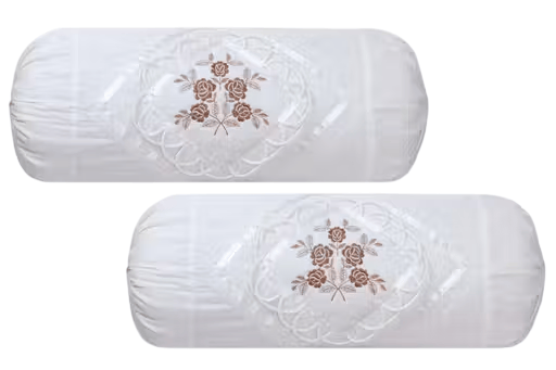 Elysian Linen White and Brown Floral Lace Cotton Bolster Cover, Pack of 2