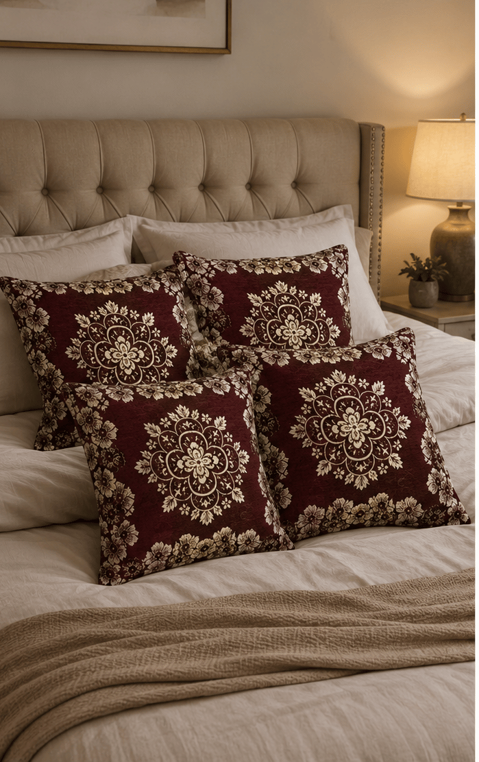Maroon and Gold Traditional Motif Cushion Covers Set of 5