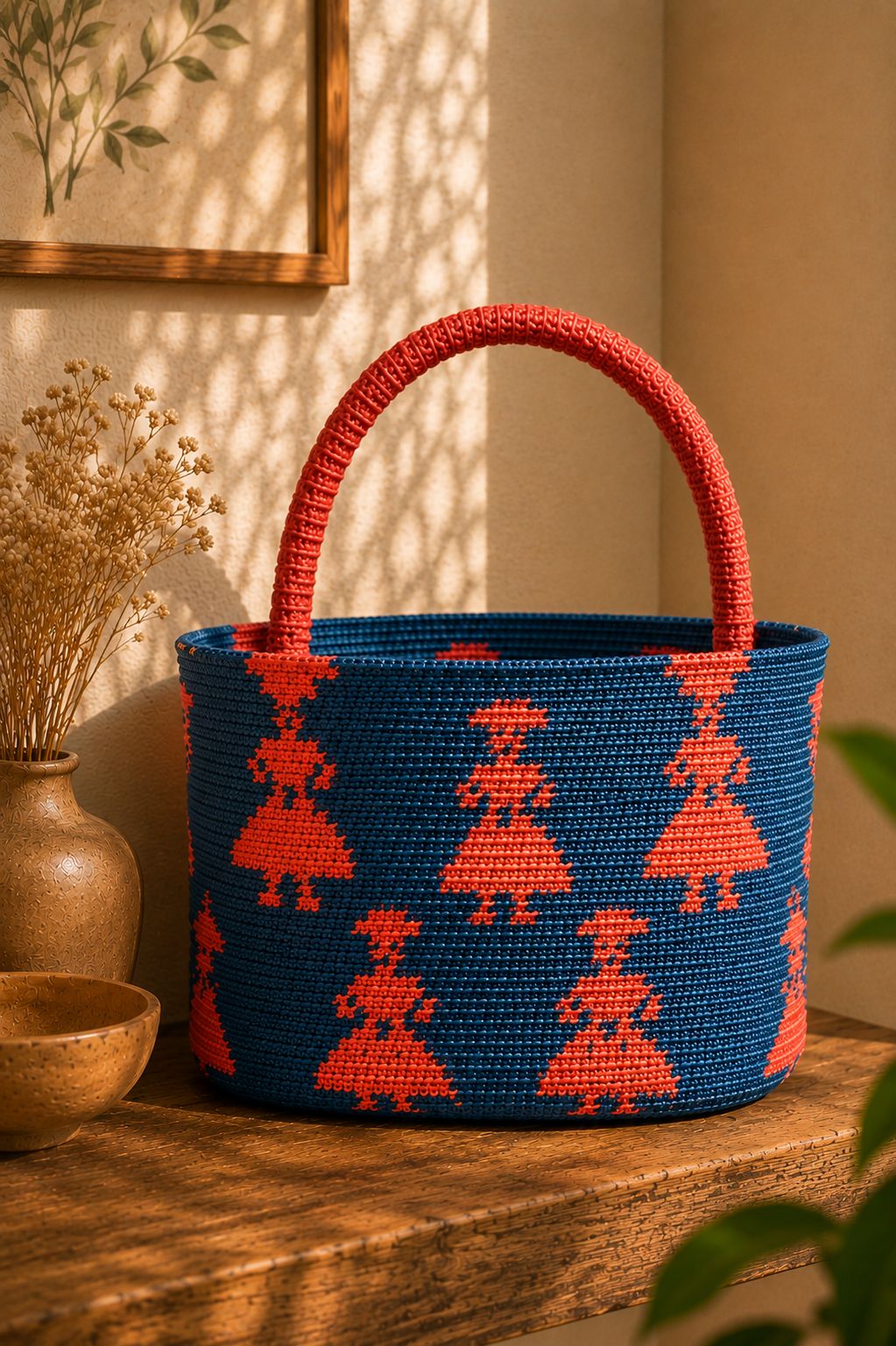 Hand-Woven Blue and Coral Tribal Motif Bucket Tote Bag