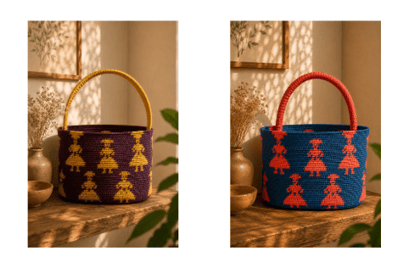 Hand-Woven Tribal Doll Motif Basket Pair (Purple & Blue)