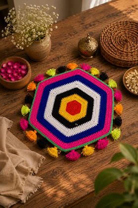 Handmade Crocheted Hexagon Coaster with Colorful Tassels