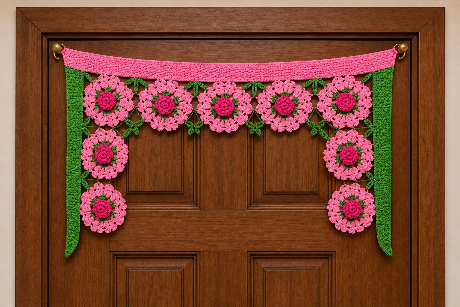 Pink & Green Floral Crochet Toran Door Hanging