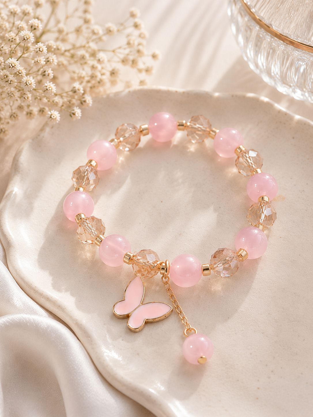 Pink Stone Beaded Butterfly Charm Bracelet