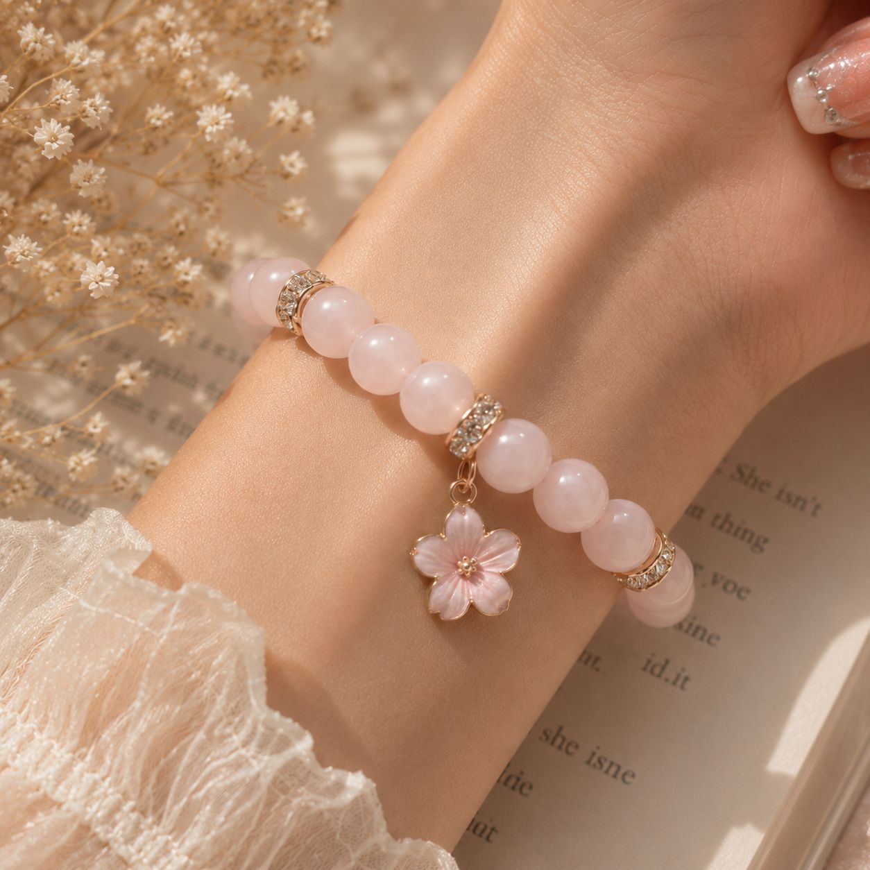 Natural Rose Quartz Bead Bracelet with Sakura Dangle Charm