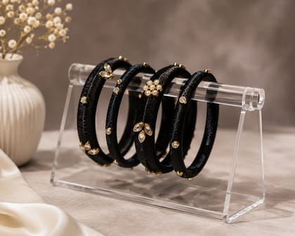 Traditional Black Silk Thread Kundan and Pearl Bangle Set - Pack of 4