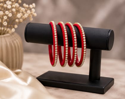 Traditional Silk Thread Bangle Set with Zircon Stones (Red, Pack of 4)