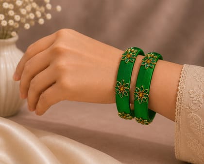 Emerald Green Silk Thread Bangles with Floral Design - Pair