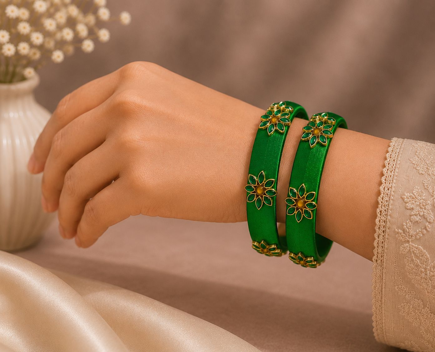 Emerald Green Silk Thread Bangles with Floral Design - Pair