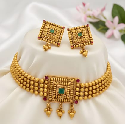 Gold Plated Chick Set Chowki Necklace Set with Matching Earrings for Women Traditional Ethnic Jewellery for Wedding Party Festive Wear