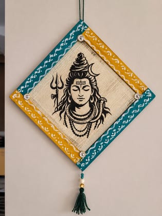 Handmade Lord Shiva Canvas Wall Hanging with Tassel, Brown & Teal Frame