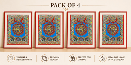 [Pack of 4] Traditional Madhubani Painting – Mandala with Peacocks and Floral Motis