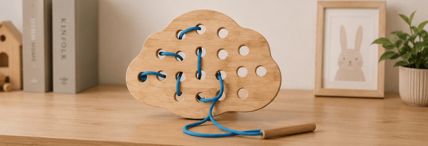 Cloud Lacing Toy - Natural Bamboo with Blue Thread