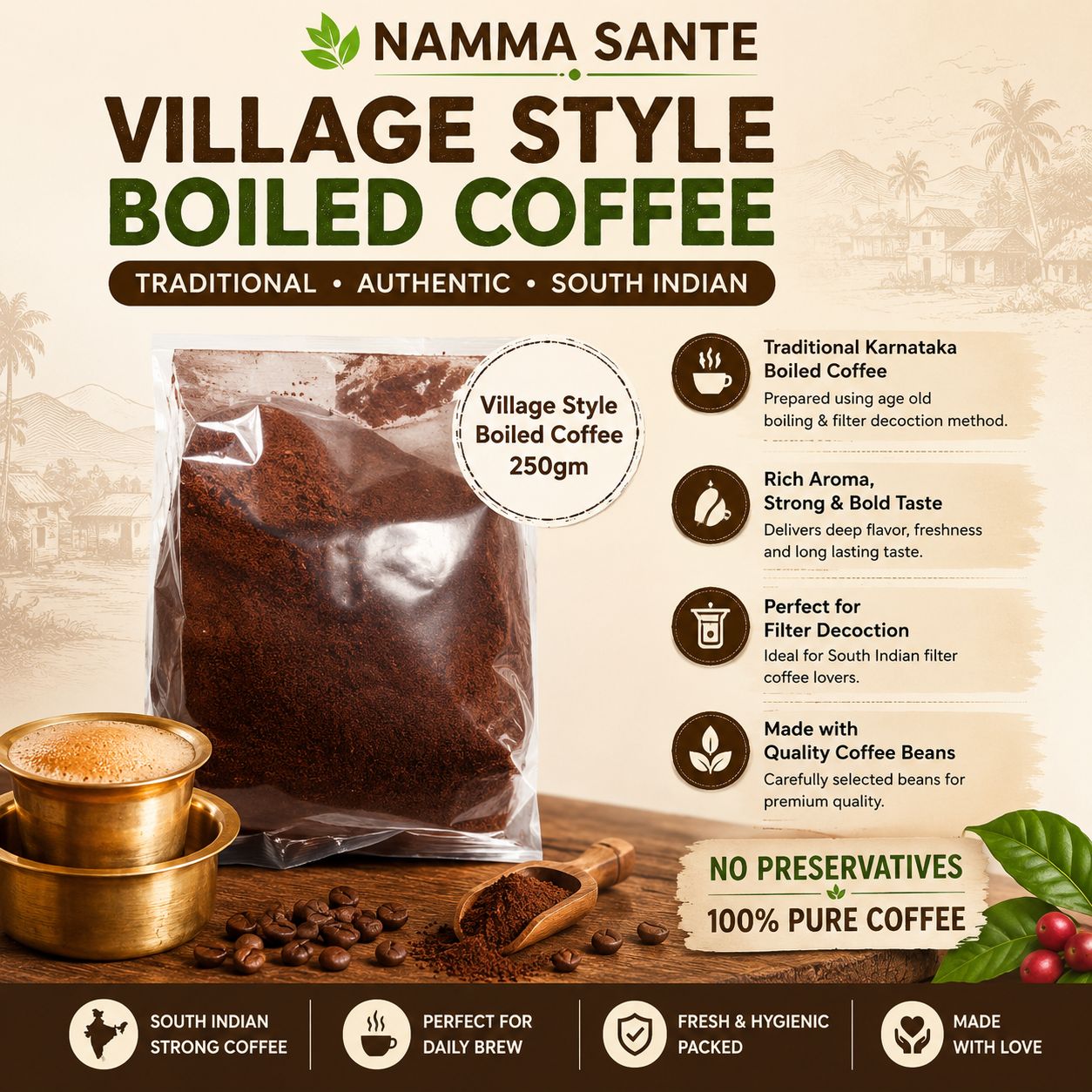Village Style Boiled Coffee, Karnataka Village Coffee Powder, Traditional Boiled Coffee Powder, South Indian Strong Coffee Powder, Authentic Filter Decoction Coffee 250gm