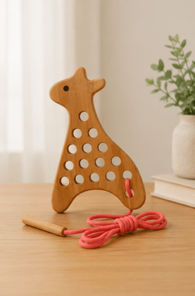 Toddler Wooden Lacing Giraffe Toy with Red Cord