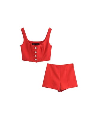 Rhinestone Button Crop Top & High Waist Skorts Coord Set-Red / M