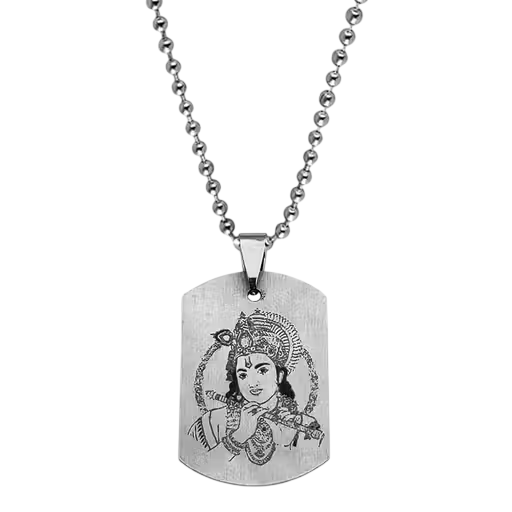 Silver Stainless Steel Lord Krishna Engraved Dog Tag Pendant with Ball Chain