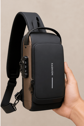 Men's Black & Brown Anti-Theft Sling Bag with Combination Lock
