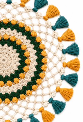 Hand-Crocheted Round Placemat with Teal and Mustard Tassels