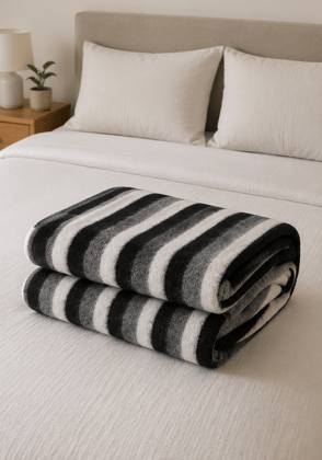 Luxurious Black Grey White Striped Wool Blanket
