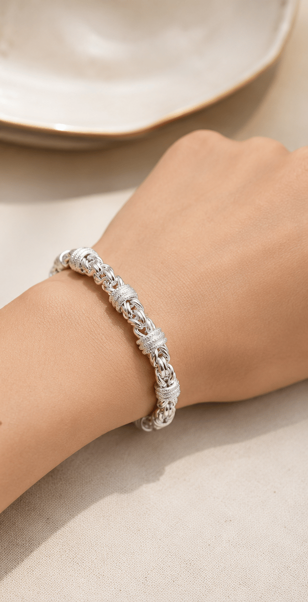 Intricate Sterling Silver Byzantine Bracelet with Diamond-Cut Bands