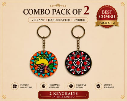 Combo of Hand-Painted Wooden Keychain – Madhubani Inspired