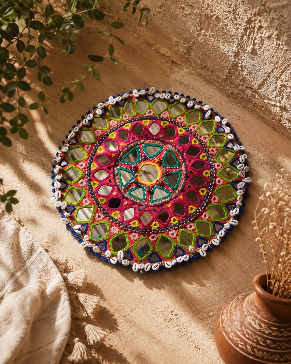 Handmade Rajasthani Lippan Art Circular Mirror Frame with Cowrie Shells